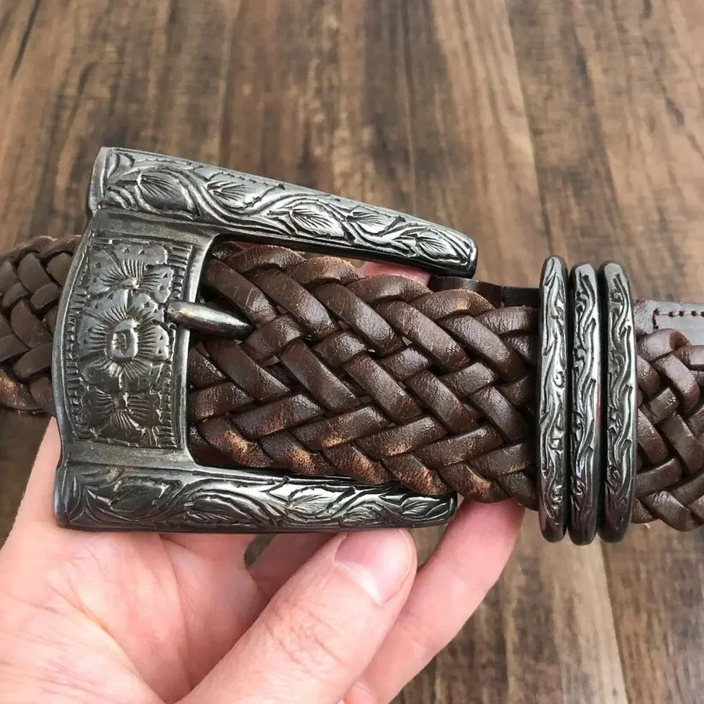 VTG Woven Leather Belt Floral Stamped Buckle Jennifer Graham Size Small Brown